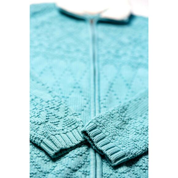 Croft Barrow Sweater Jacket M Teal Sherpa Collar Textured Granny Cottagecore Y2K - Picture 3 of 12